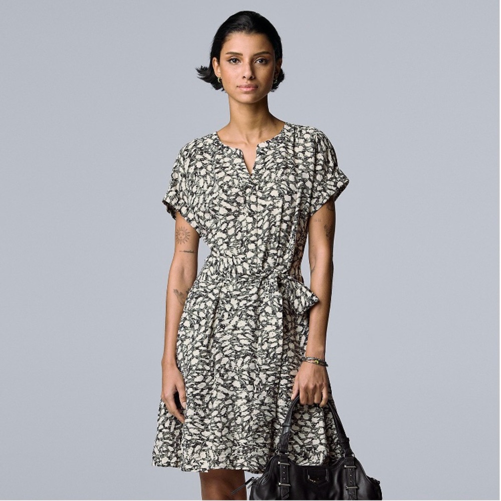 Petite Simply Vera Vera Wang Crepe Shirt Dress Women's Size Small Black/White